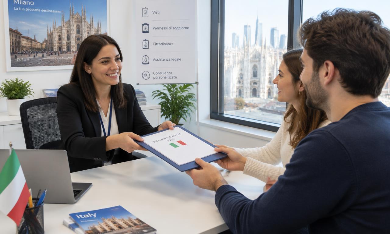 Consulente consegna la pratica del visto a una coppia