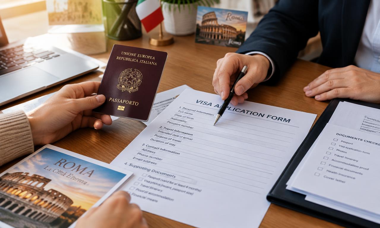 Consulente verifica passaporto e modulo di richiesta visto