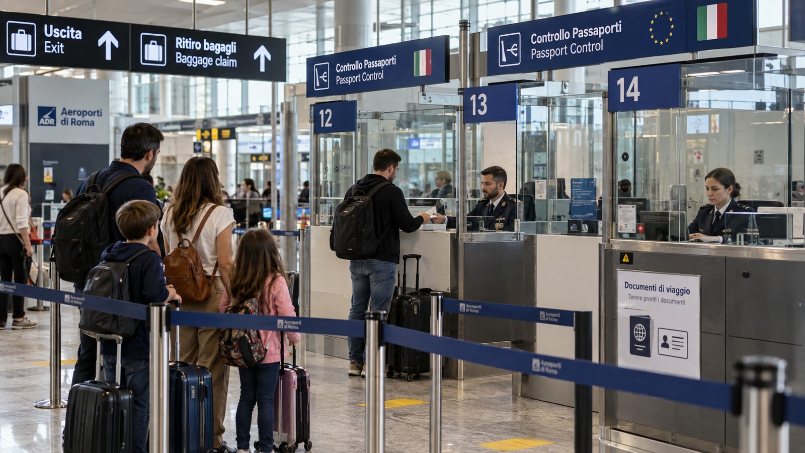 Famiglia in coda al controllo passaporti in un aeroporto di Roma