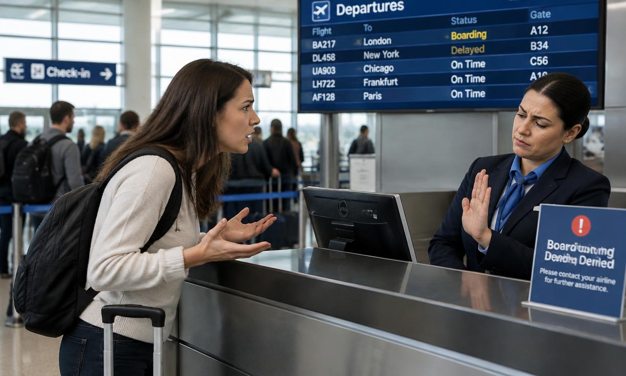Viaggiatrice a cui viene negato l'imbarco al check-in